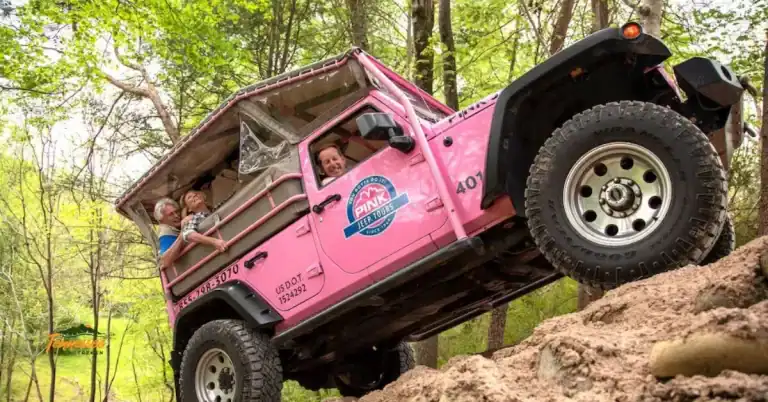 Family jumping in front of a Pink Jeep Tours vehicle during a guided tour in the Smoky Mountains of Tennessee — a fun and photo-worthy adventure for all ages.