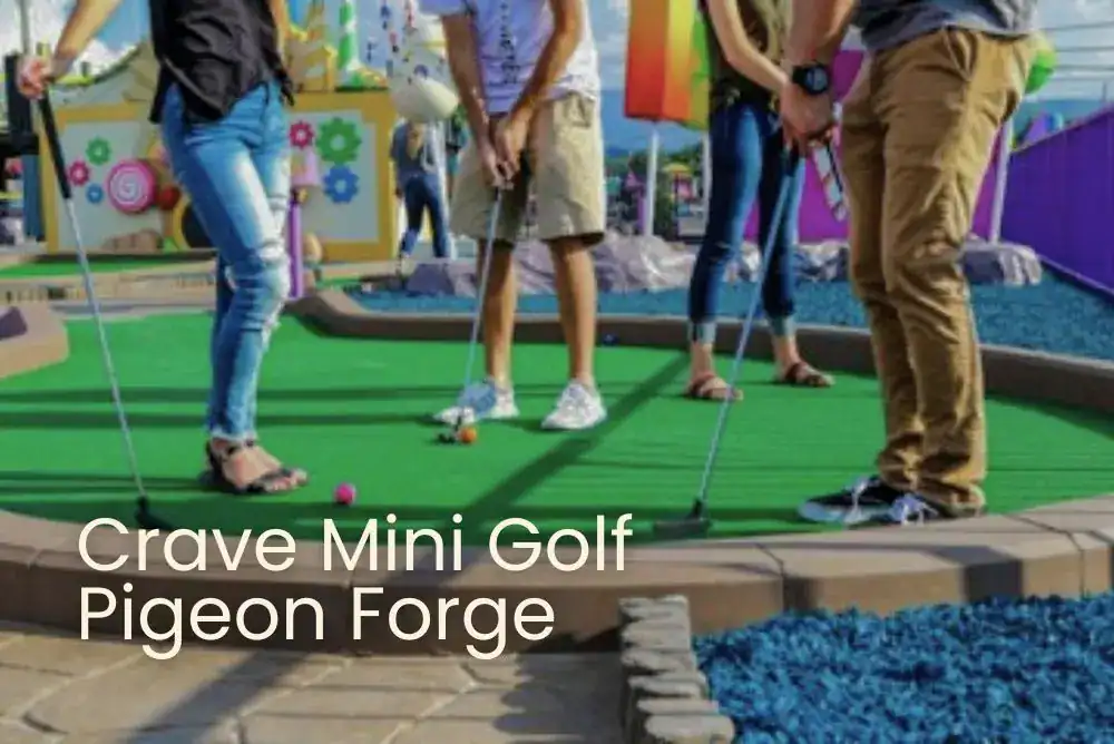 People putting at Crave Mini Golf in Pigeon Forge on a colorful, candy-themed course with rooftop and indoor holes

