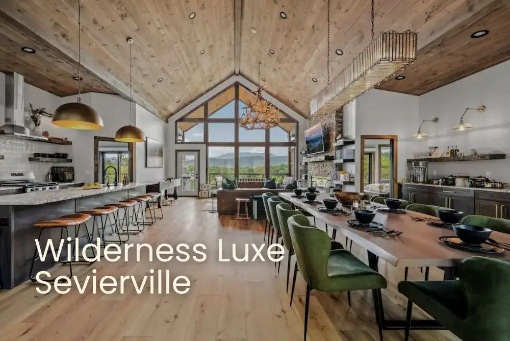 Luxury Smoky Mountain cabin rental in Sevierville with mountain views and upscale kitchen and living area