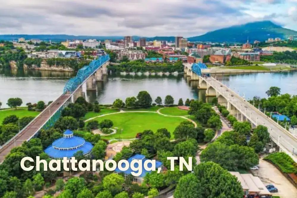 Aerial view of Chattanooga TN with riverfront and iconic bridges


