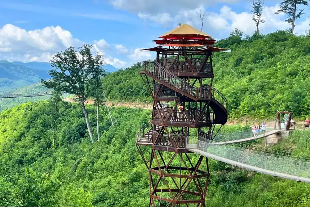 Tulip Tower observation tower, a multi-level spiral structure with Smoky Mountain views all around
