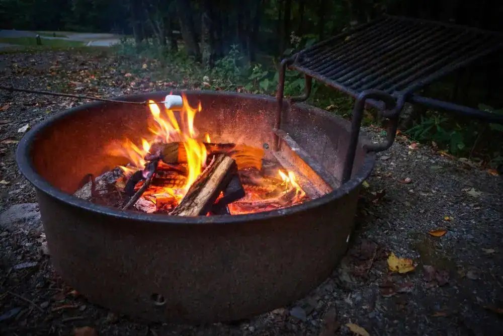 Campfire burning safely in a fire ring at a Tennessee campground, showing proper campfire safety.