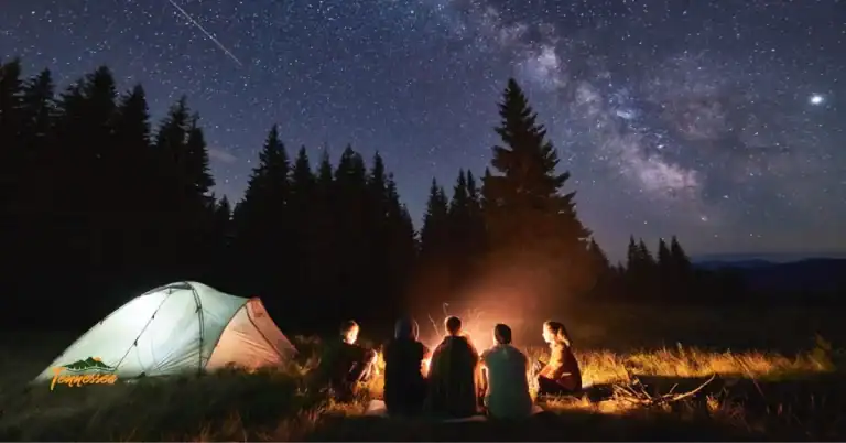 Family camping with a campfire at a Tennessee campsite, showing safe and fun camping outdoors.