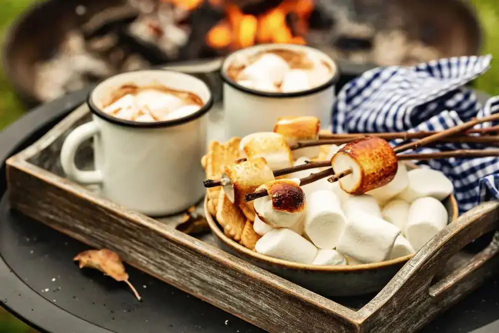 Classic camping recipe with gooey marshmallows, melted chocolate, and graham crackers – delicious s’mores by the campfire.