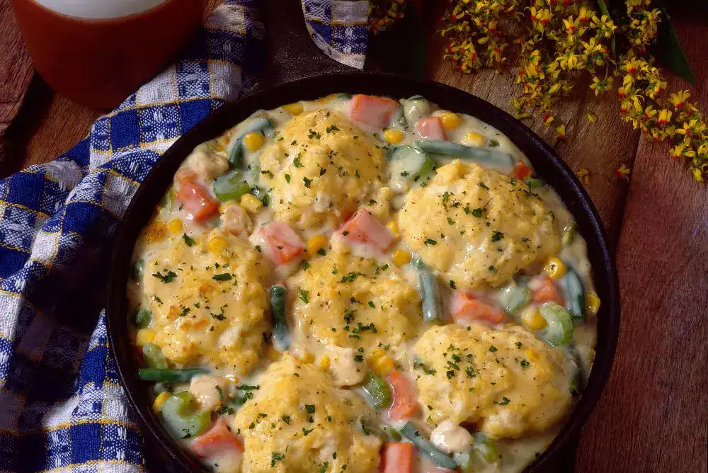Homemade Southern chicken pot pie in a cast iron skillet – Tennessee recipe classic