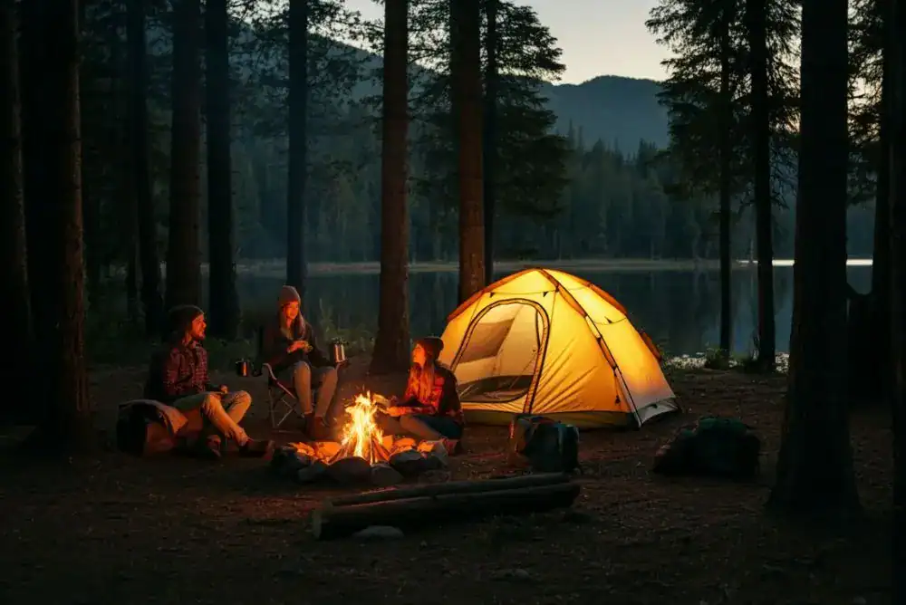 Campfire and tent camping at a Tennessee campground