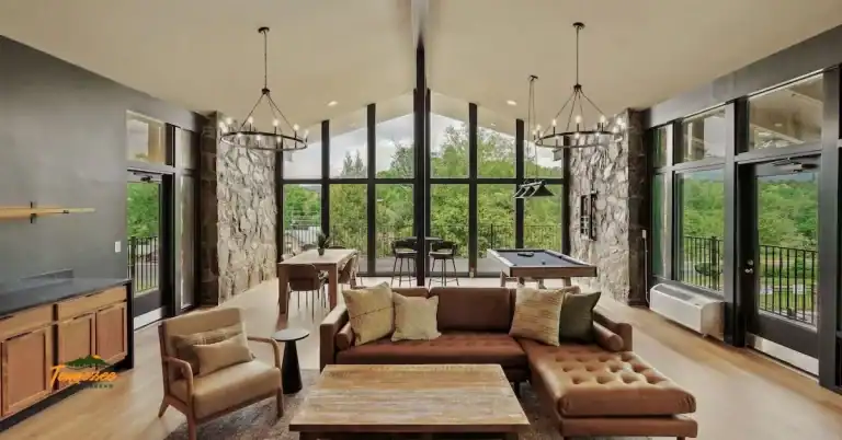 Cozy lounge area at Tremont Lodge & Resort in Townsend TN with Smoky Mountain views.