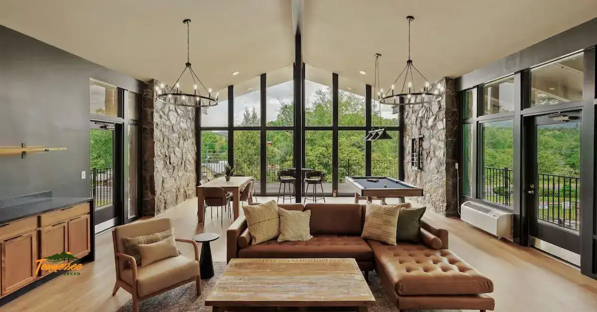 Cozy lounge area at Tremont Lodge & Resort in Townsend TN with Smoky Mountain views.