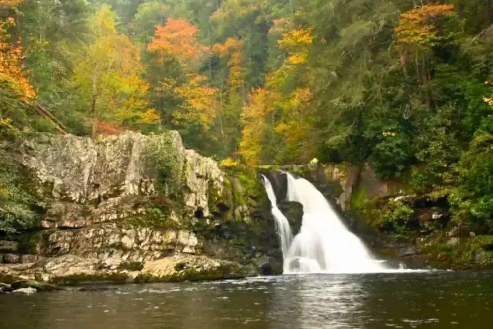 Abrams Falls surrounded by fall color in Cades Cove, Great Smoky Mountains National Park.