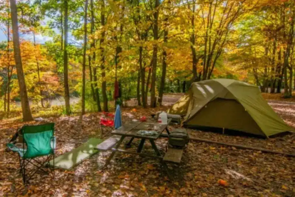 Fall camping in Cades Cove with a tent, picnic table, and camp chairs surrounded by colorful autumn trees.