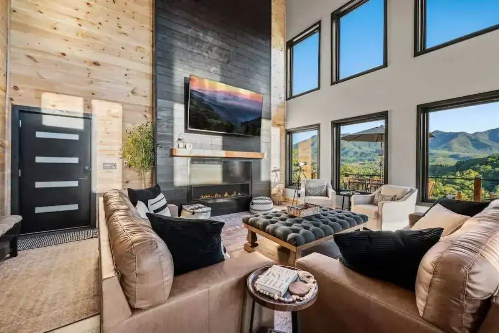 Cozy living room at Mt Sunshine Cabin in Cosby TN with modern rustic design