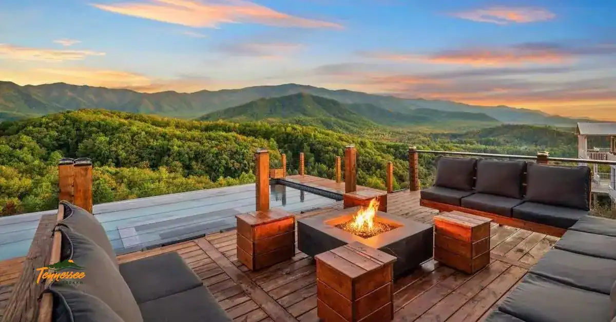 Scenic mountain views from the infinity pool at Mt Sunshine Cabin in Cosby TN