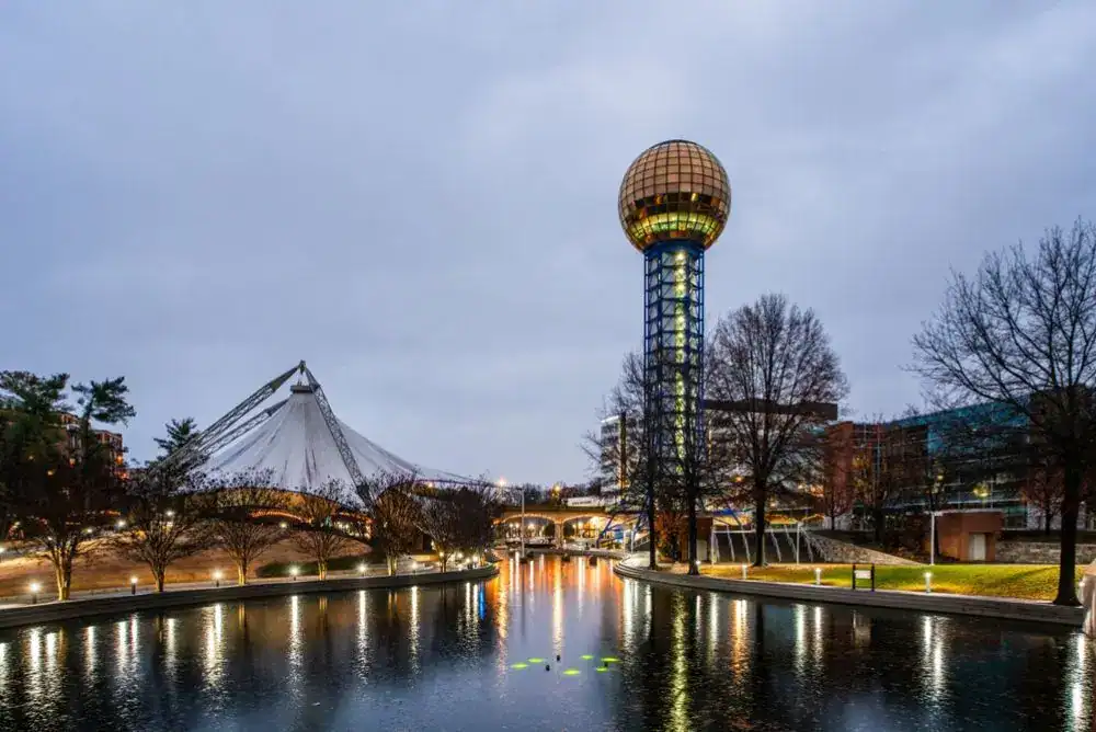 Things to do in Knoxville, TN – World’s Fair Park with the Sunsphere at night