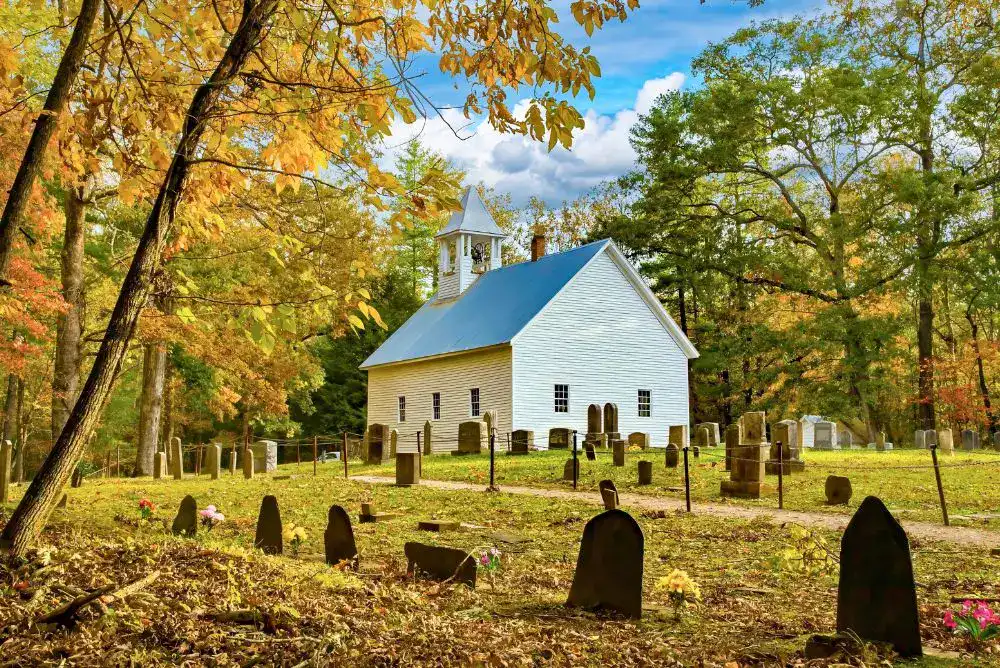 White Cades Cove Methodist Church and cemetery surrounded by gold fall leaves in Cades Cove in the fall.