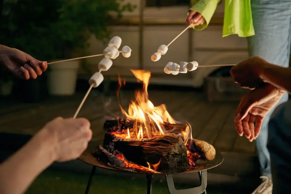 Friends roasting marshmallows over a crackling campfire.
