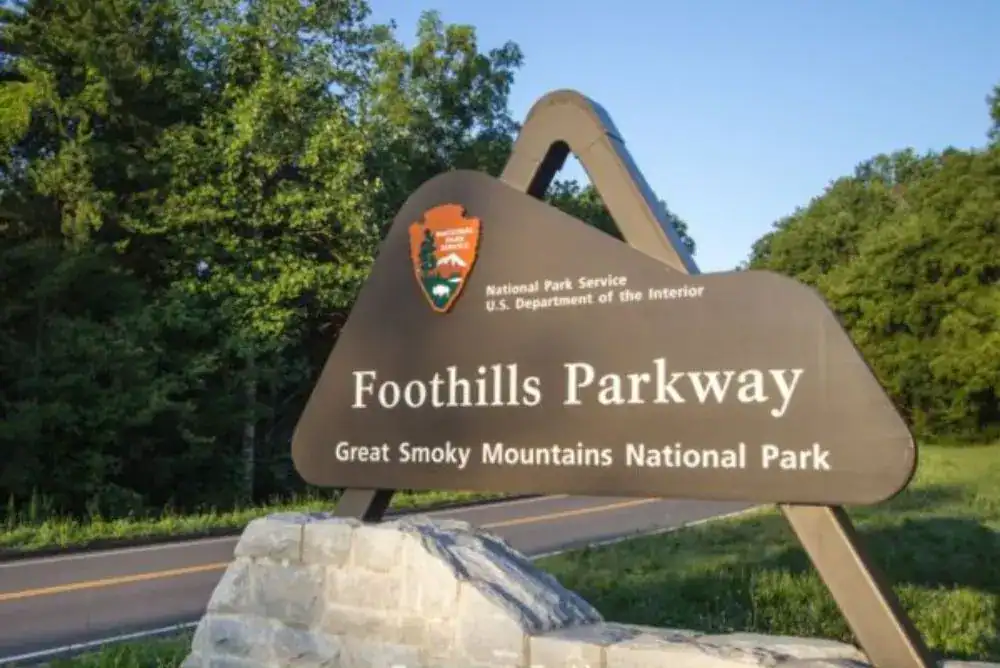 Foothills Parkway sign at Great Smoky Mountains National Park — a free scenic drive perfect for your Smoky Mountains on a budget vacation
