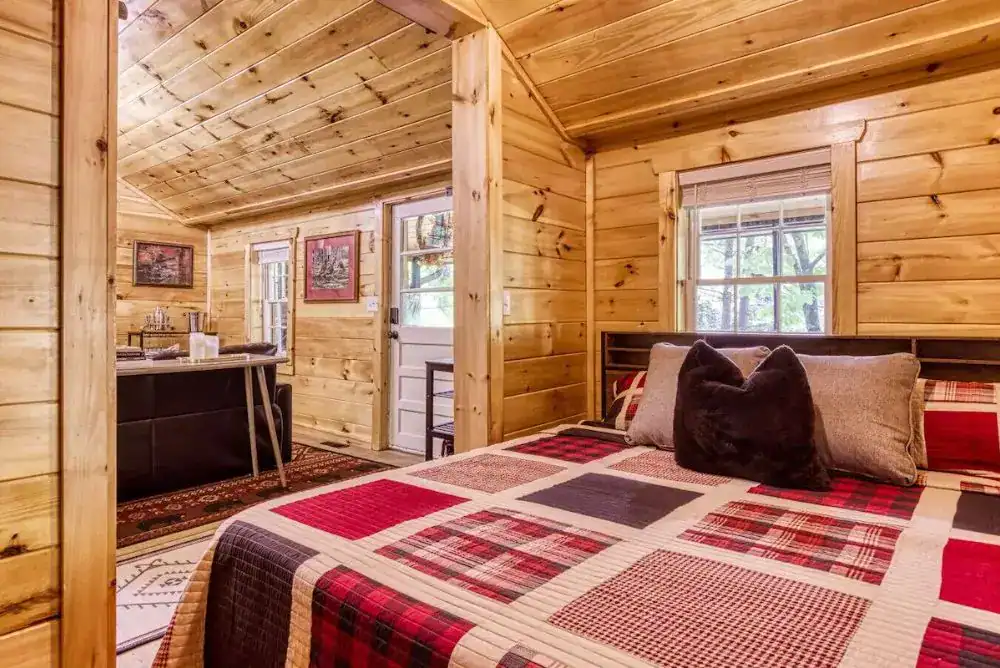 Cozy bedroom at a fall getaway spot in the Smokies.