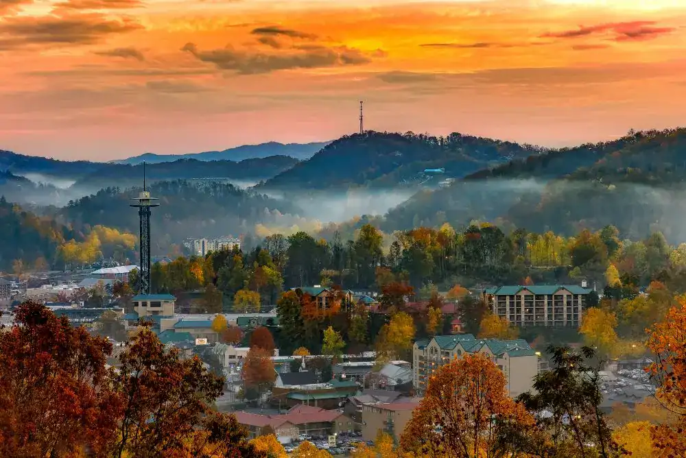 Gatlinburg, TN in the fall.  Beautiful fall foilage surrounding this Smoky Mountain town.