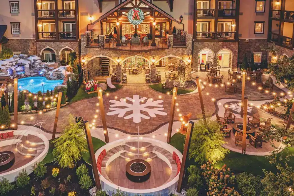 Bright décor and glowing lights outside hotel in Pigeon Forge, Tennessee.