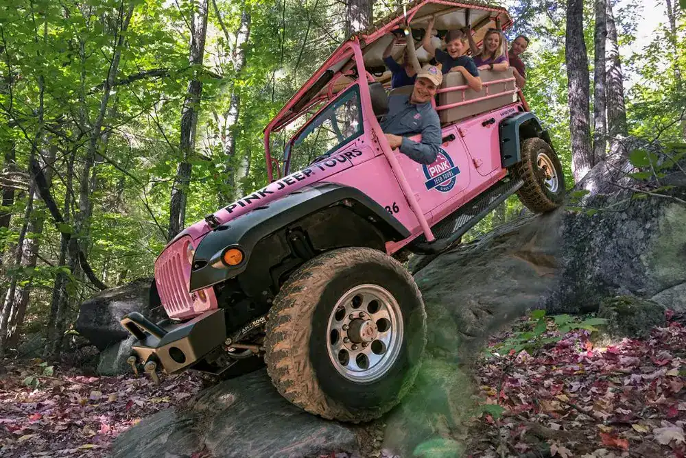 Pink Jeep tour driving through fall colors in the Smokies — scenic family adventure.