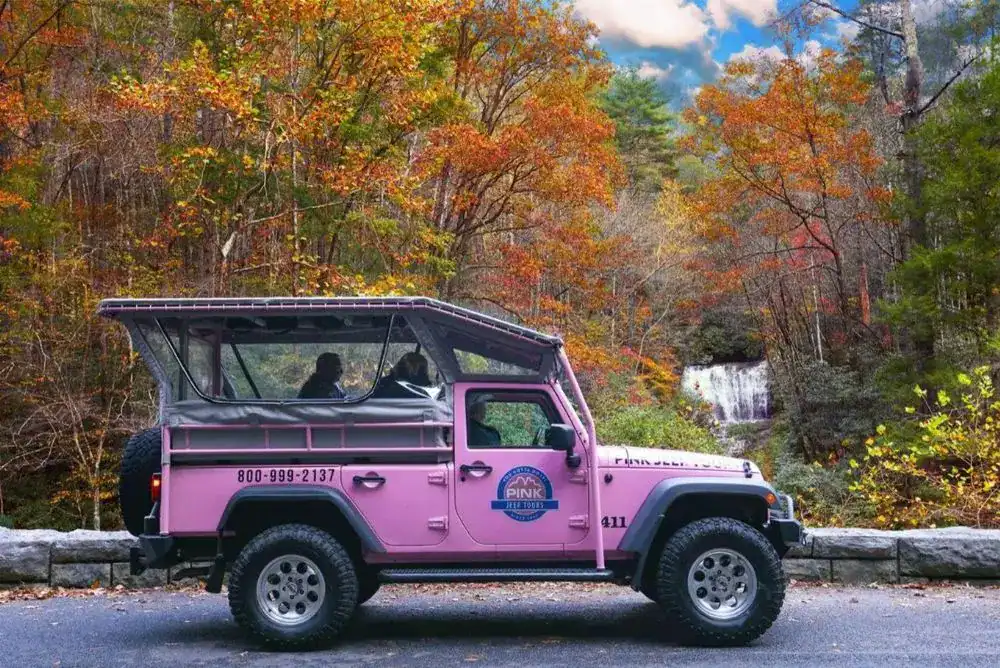 Pink Jeep Tour in the Smoky Mountains on a scenic mountain road — fun family thing to do in the Smokies.
