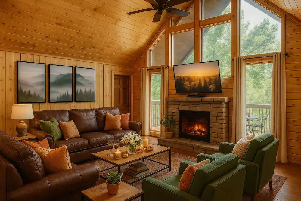 Luxury livingroom in a beautiful cabin near Dollywood. 