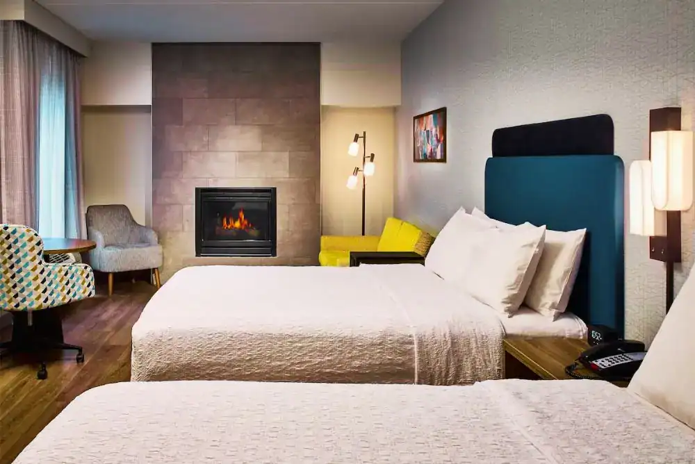 Guest room with a fireplace at Hampton Inn, a favorite pet friendly hotel in Pigeon Forge.