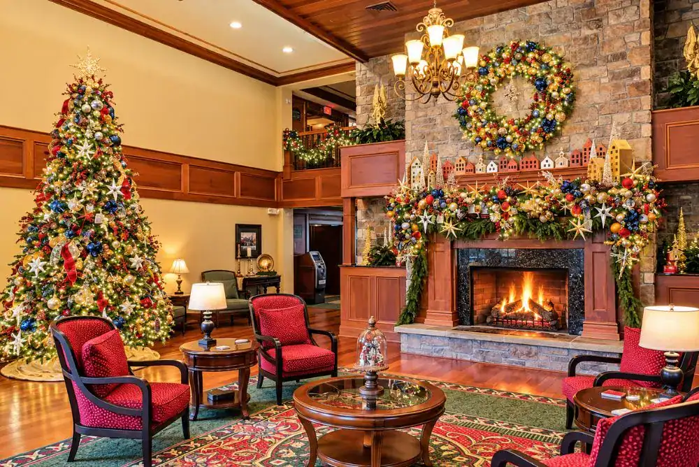Christmas-decorated lobby at The Inn at Christmas Place in Pigeon Forge, featuring a towering Christmas tree, festive garlands, and a stone fireplace.