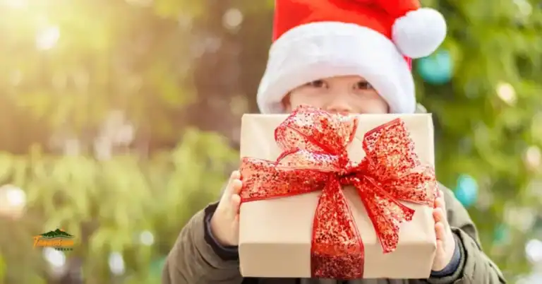 Child holding a wrapped present outside, featured in an outdoor Christmas gifts for kids guide for Tennessee Trekkn.