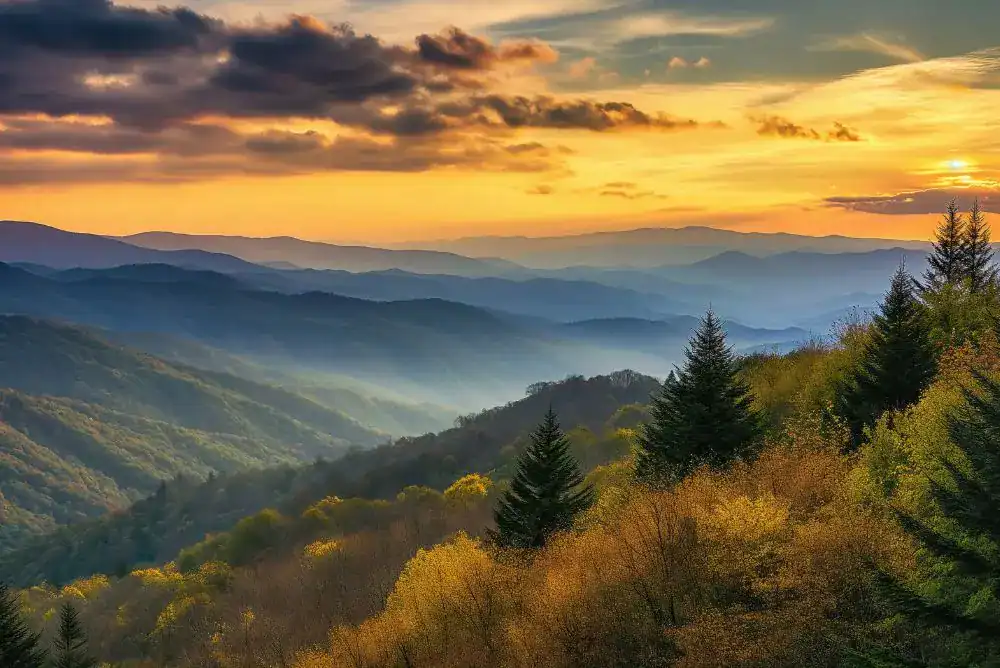 Best places to visit in Tennessee include the Smoky Mountains with layered mountain views in East Tennessee.