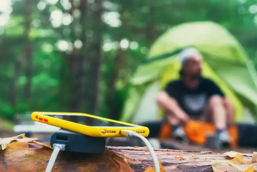 Portable charger powering a phone on a log, showing phone and power day hike backpack essentials for staying charged on the trail