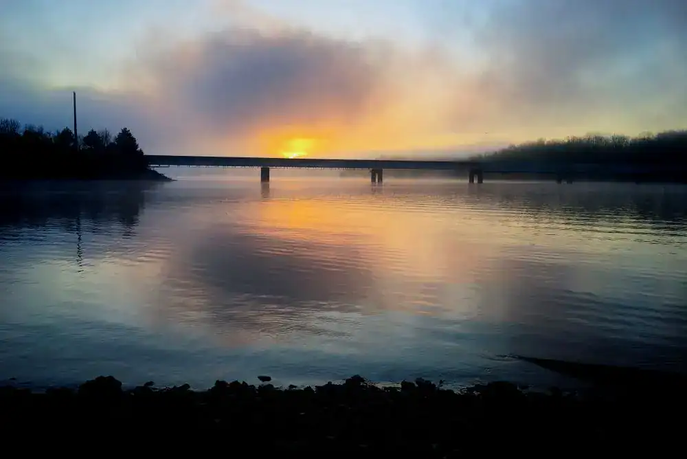 Beautiful sunset at Tims Ford State Park in Tennessee - pefect area for winter camping in TN