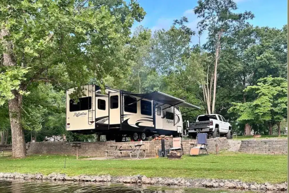 RV parked at a waterfront campsite at Riverstone Campground in Townsend, TN, along the river in East Tennessee.