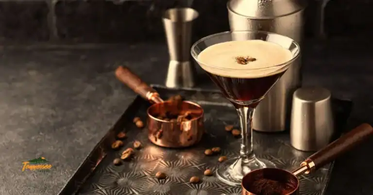 Smoky Mountains inspired espresso martini cocktail recipe with fresh espresso foam served in a martini glass