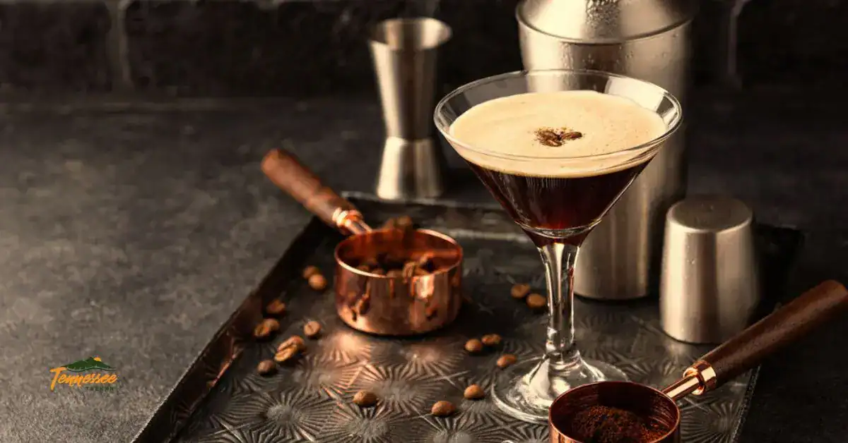 Smoky Mountains inspired espresso martini cocktail recipe with fresh espresso foam served in a martini glass