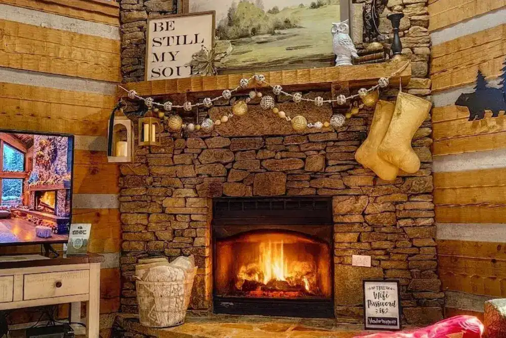 Cozy fireplace in a romantic cabin in townsend tn. 

