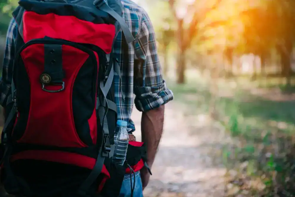 Hiker wearing a red backpack on a wooded trail, showing day hike backpack essentials for a Tennessee day hike