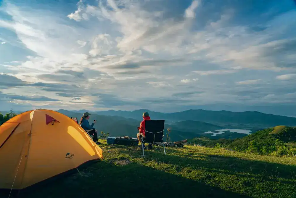 Tent overlooking mountain views in the Smoky Mountains during an East Tennessee camping trip.