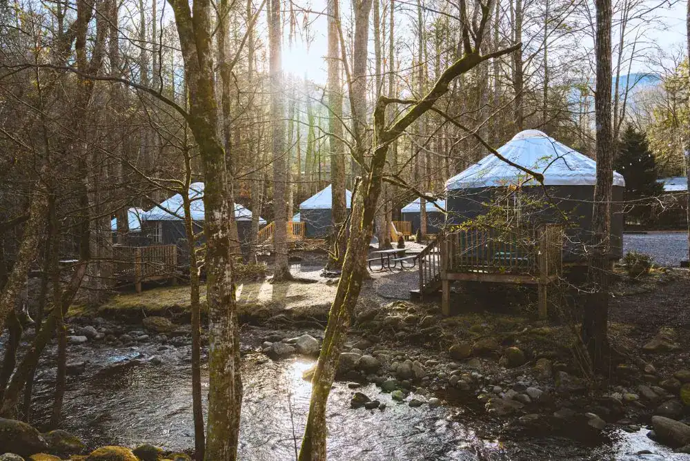 Creekside yurts at Roamstead family campground in the Smoky Mountains - Cosby Tennessee