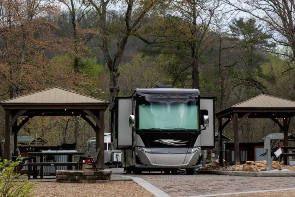 RV site at Little Arrow Outdoor Resort in Townsend TN, a popular spring break campground in the Smoky Mountains.