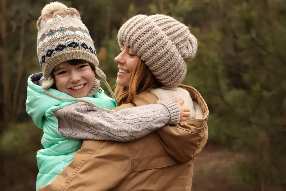 Mother and child on a winter family-friendly hiking trail in Tennessee