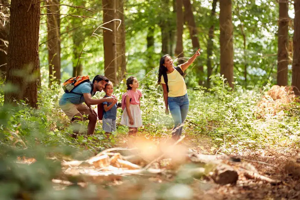 family hiking together in woods