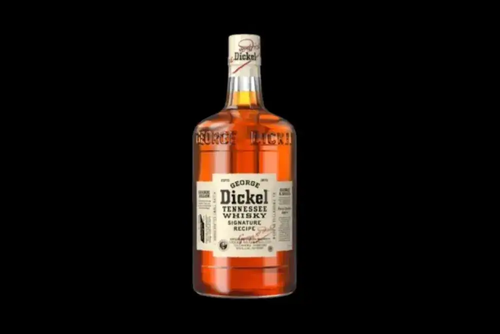 George Dickel Signature Recipe No. 12 whiskey bottle on a black background.