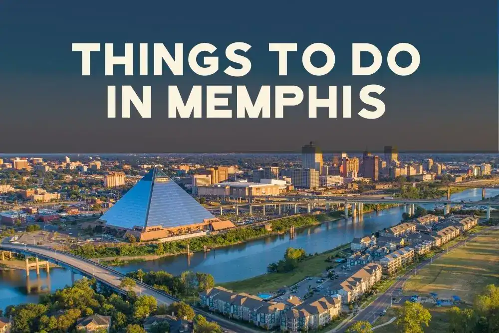 Aerial view of the Memphis skyline and the Bass Pro Pyramid along the Mississippi River.