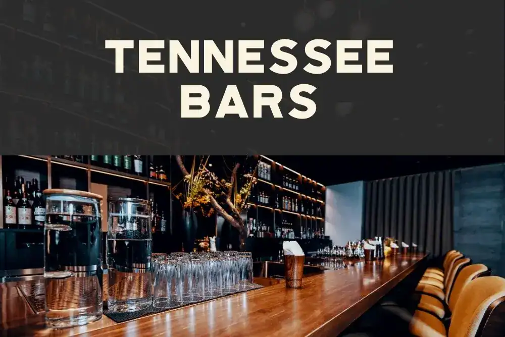 A dimly lit bar interior with shelves of bottles and glasses representing the Tennessee sips and spirits scene