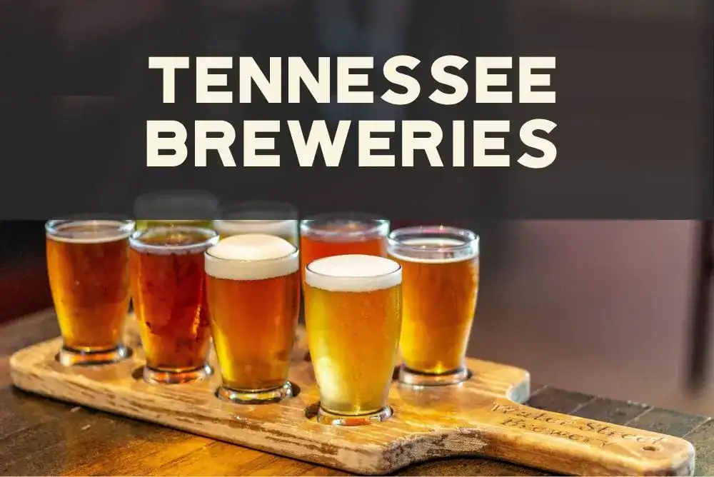A wooden board holding a craft beer flight at a Tennessee brewery tasting room