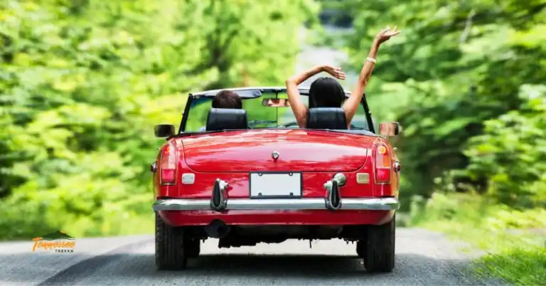 A couple riding in a red convertible down a tree-lined road, hands raised in the air on a Tennessee weekend getaway