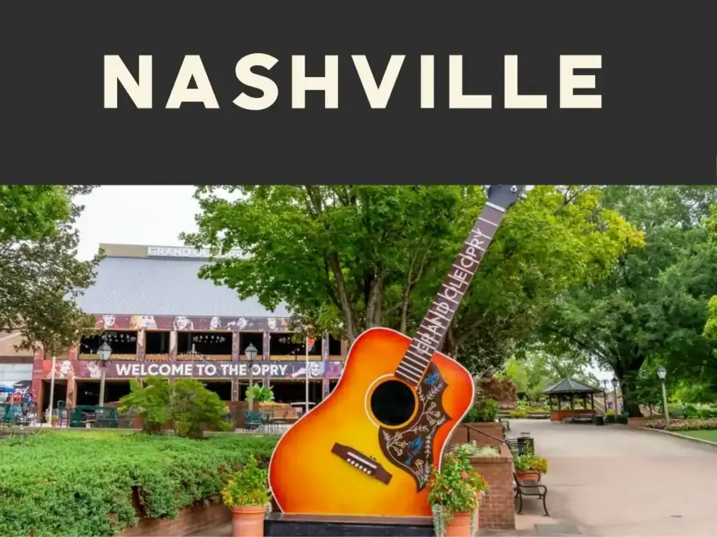 Giant guitar sculpture outside the Grand Ole Opry entrance in Nashville, Tennessee