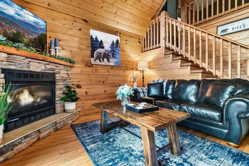 Smoky Mountain caabin living room with fireplace