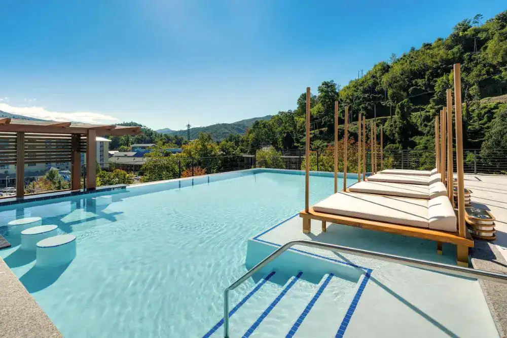 Rooftop infinity pool at Hotel Indigo Gatlinburg with Smoky Mountain views